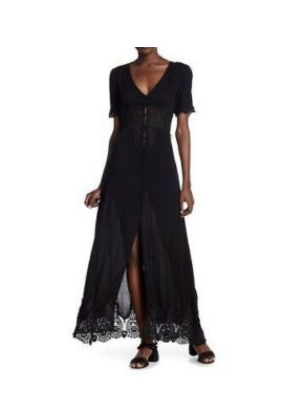 Sadie & Sage Black Lace Embroidery Maxi Dress Button Front Goth Dark Fairy S